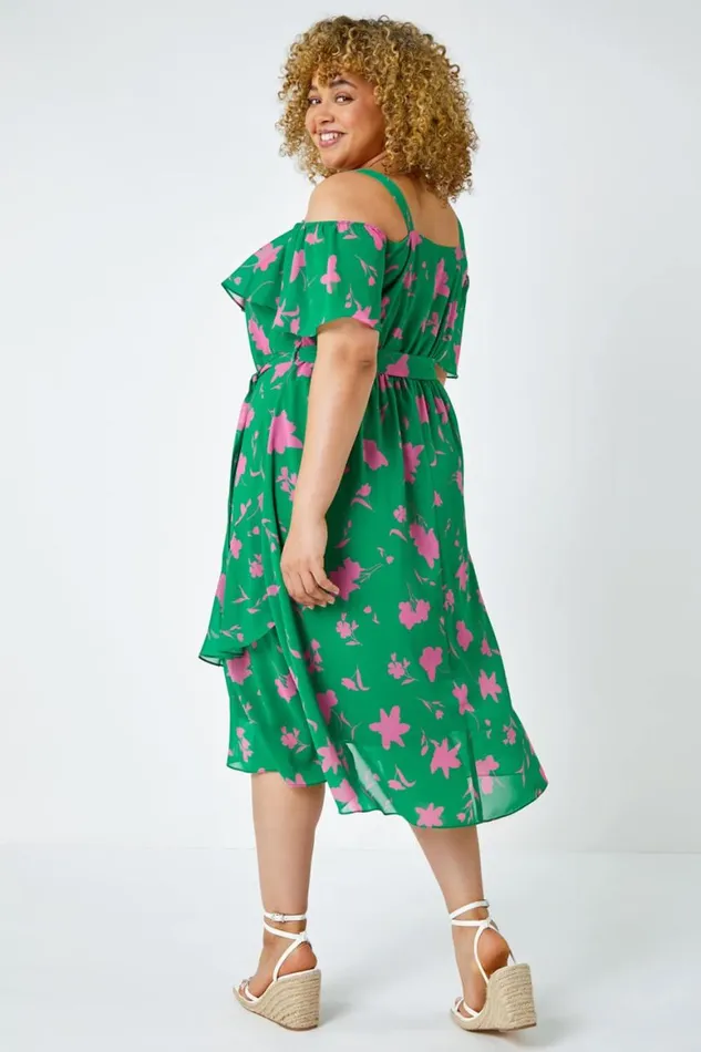Women Green Curve Floral Cold Shoulder Chiffon Frill Dress Roman Dresses