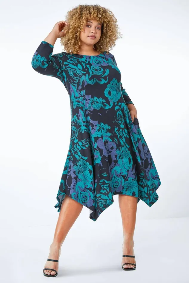 Women Green Curve Floral Print Asymmetric Tunic Dress Roman Dresses
