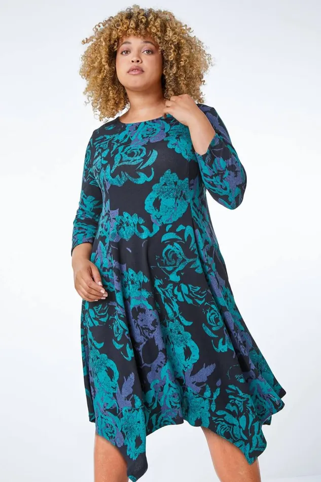 Women Green Curve Floral Print Asymmetric Tunic Dress Roman Dresses