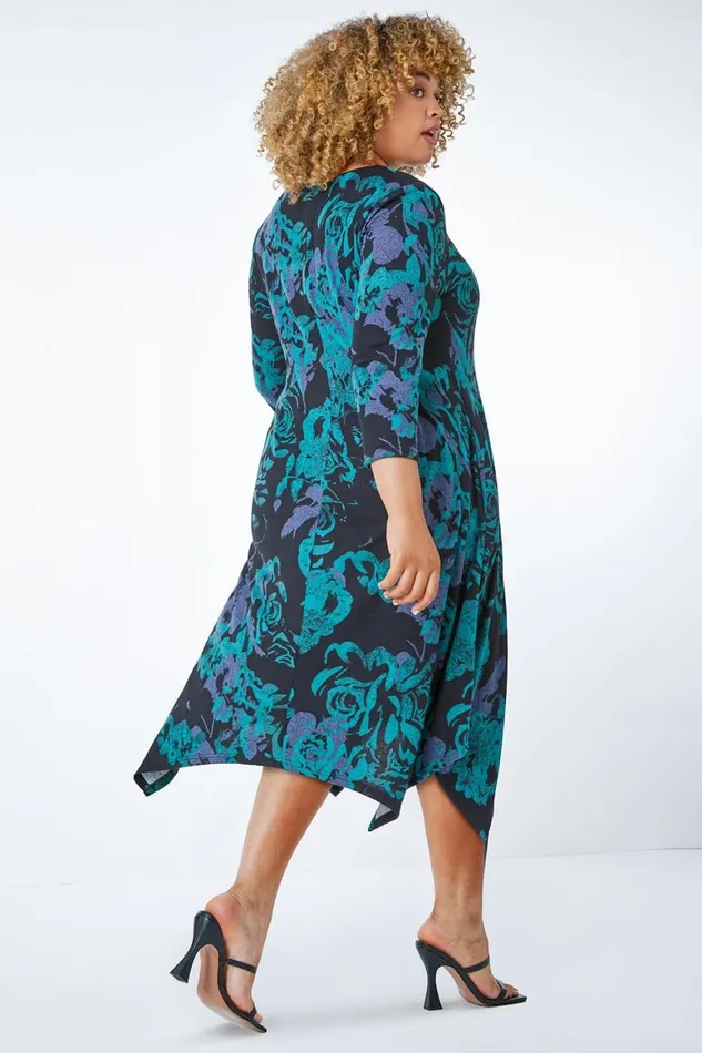 Women Green Curve Floral Print Asymmetric Tunic Dress Roman Dresses
