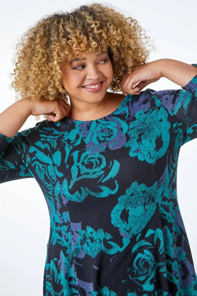 Women Green Curve Floral Print Asymmetric Tunic Dress Roman Dresses