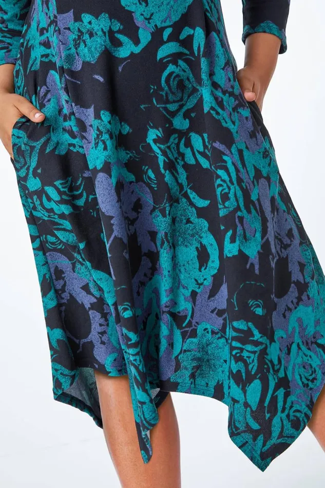 Women Green Curve Floral Print Asymmetric Tunic Dress Roman Dresses