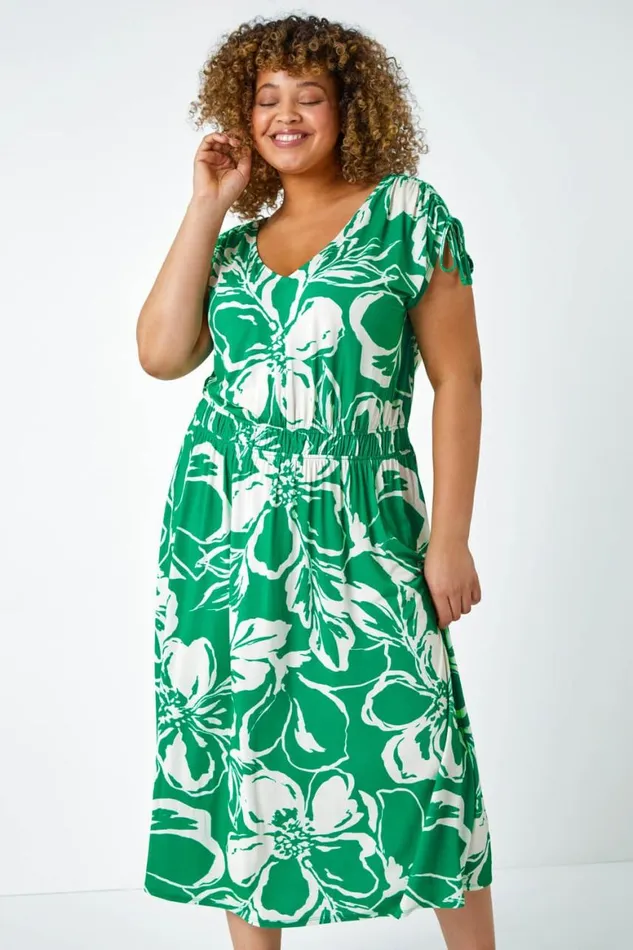 Women Green Curve Floral Print Ruched Stretch Midi Dress Roman Dresses