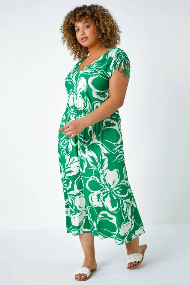 Women Green Curve Floral Print Ruched Stretch Midi Dress Roman Dresses