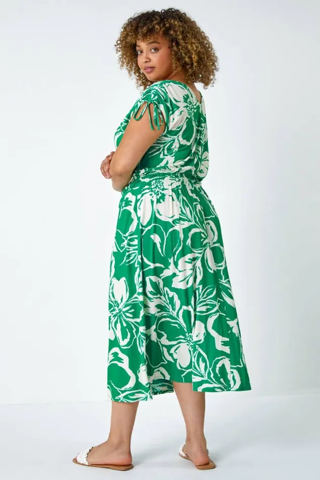 Women Green Curve Floral Print Ruched Stretch Midi Dress Roman Dresses