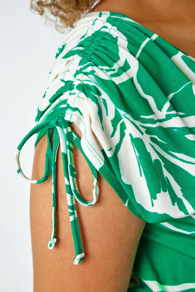 Women Green Curve Floral Print Ruched Stretch Midi Dress Roman Dresses