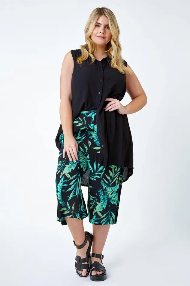 Women Green Curve Leaf Crinkle Elastic Waist Culottes Roman Trousers