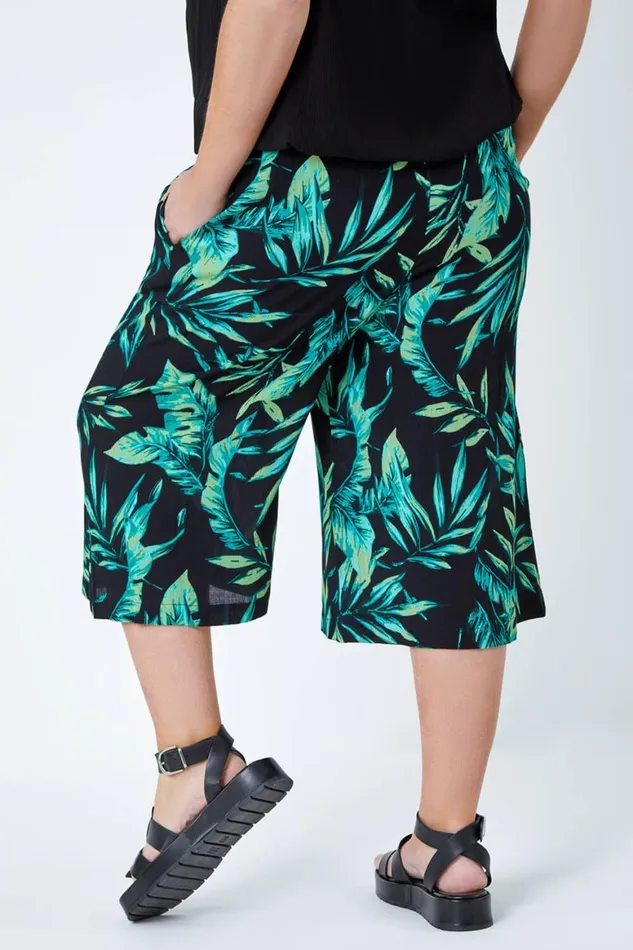 Women Green Curve Leaf Crinkle Elastic Waist Culottes Roman Trousers