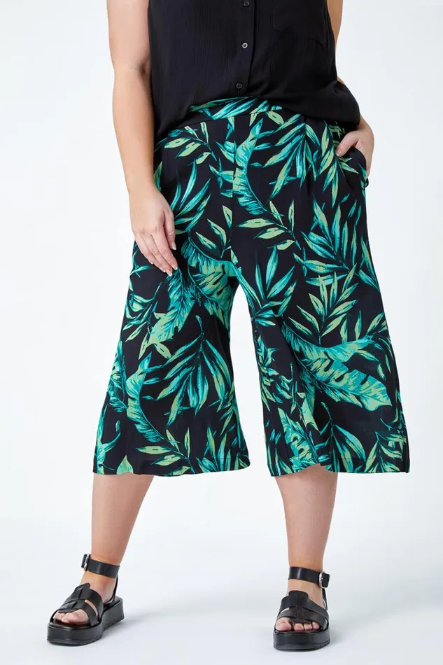 Women Green Curve Leaf Crinkle Elastic Waist Culottes Roman Trousers