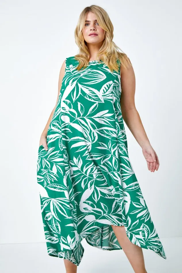 Women Green Curve Leaf Print Midi Dress Roman Dresses