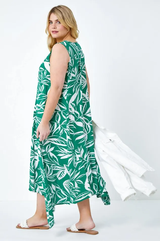 Women Green Curve Leaf Print Midi Dress Roman Dresses
