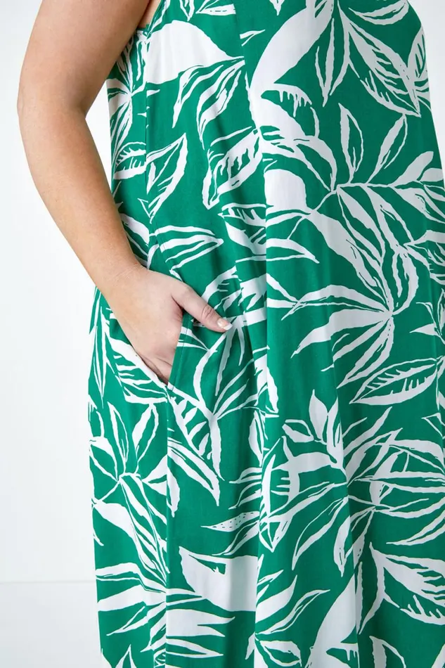 Women Green Curve Leaf Print Midi Dress Roman Dresses