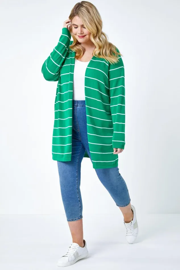 Women Green Curve Stripe Cotton Blend Longline Cardigan Roman Knitwear
