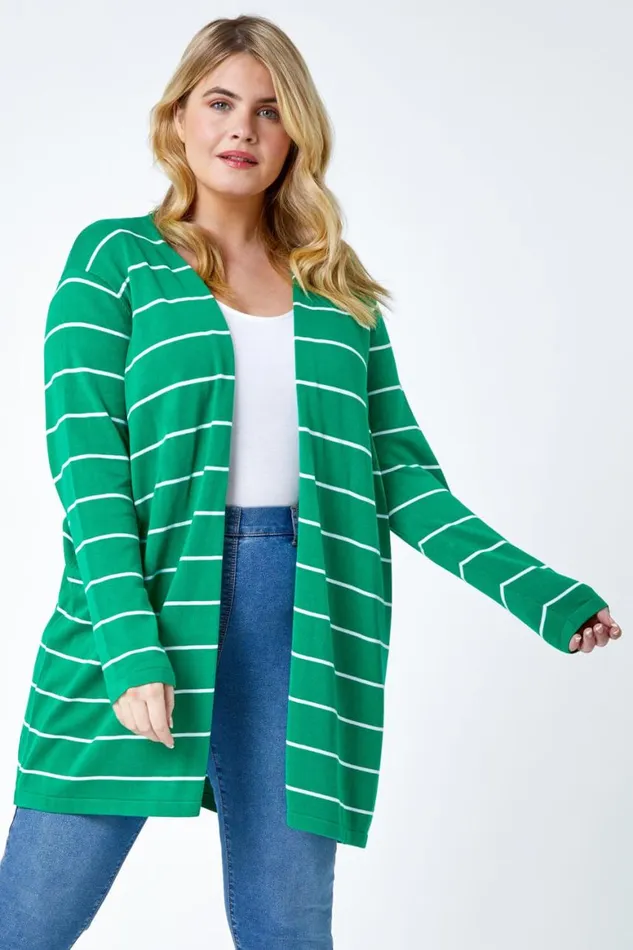 Women Green Curve Stripe Cotton Blend Longline Cardigan Roman Knitwear