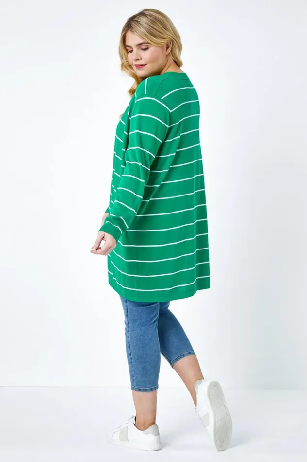 Women Green Curve Stripe Cotton Blend Longline Cardigan Roman Knitwear