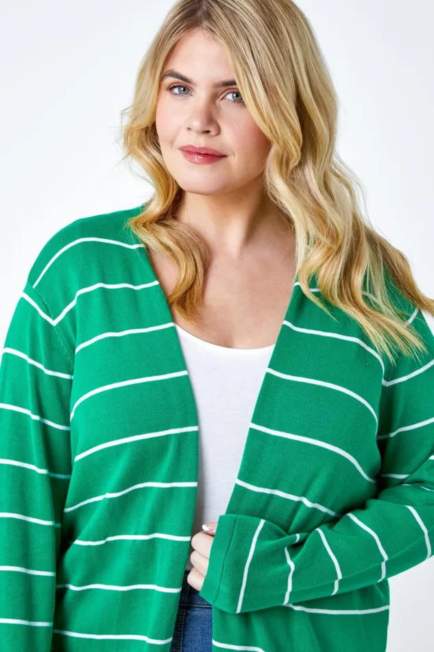 Women Green Curve Stripe Cotton Blend Longline Cardigan Roman Knitwear