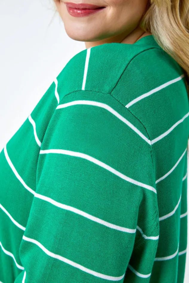 Women Green Curve Stripe Cotton Blend Longline Cardigan Roman Knitwear