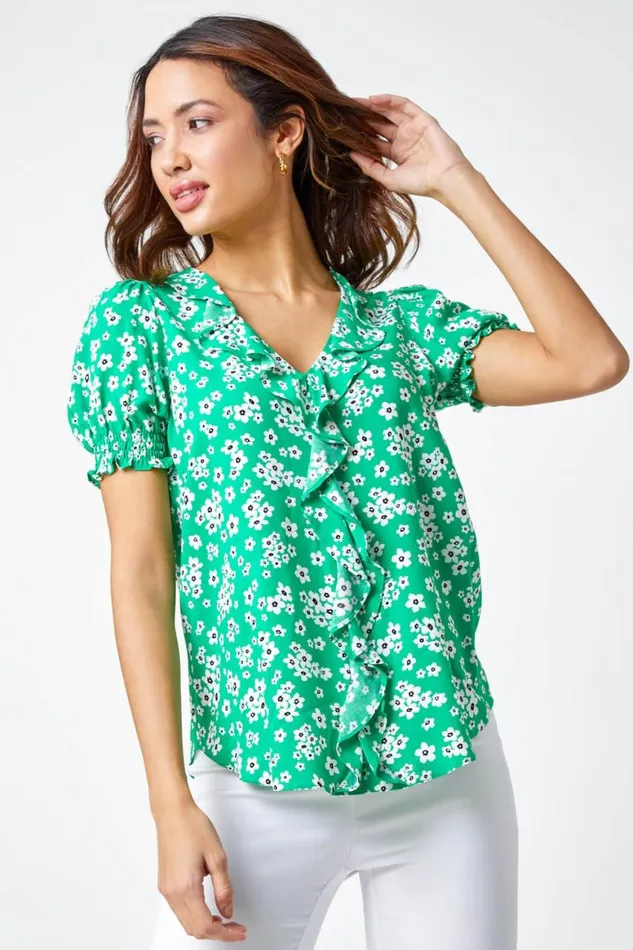 Women Green Ditsy Floral Print Ruffle Top Roman Tops