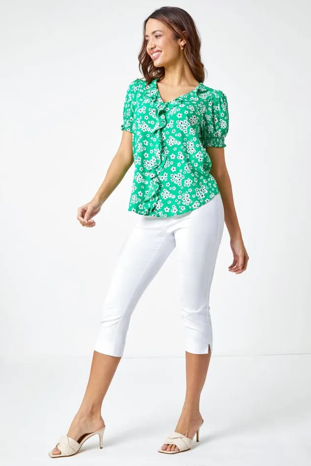 Women Green Ditsy Floral Print Ruffle Top Roman Tops