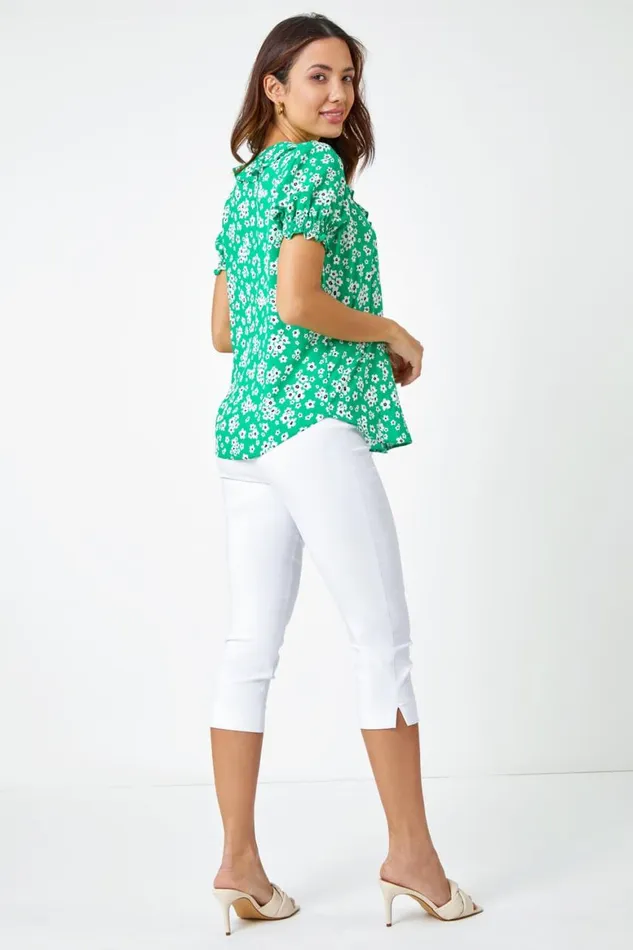 Women Green Ditsy Floral Print Ruffle Top Roman Tops