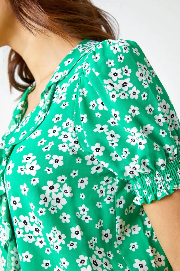 Women Green Ditsy Floral Print Ruffle Top Roman Tops
