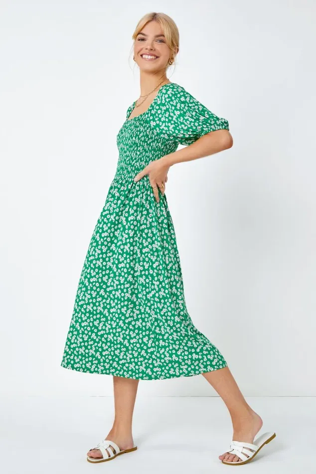 Women Green Ditsy Floral Print Shirred Dress Roman Dresses