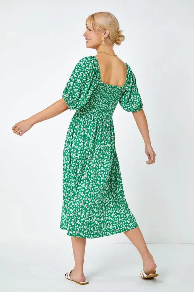 Women Green Ditsy Floral Print Shirred Dress Roman Dresses