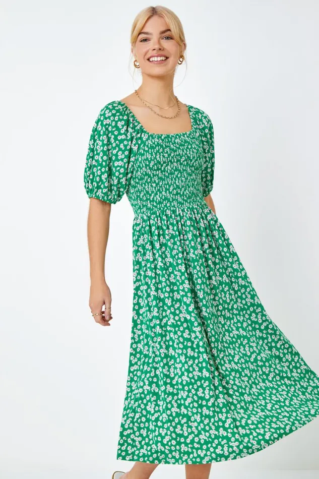Women Green Ditsy Floral Print Shirred Dress Roman Dresses