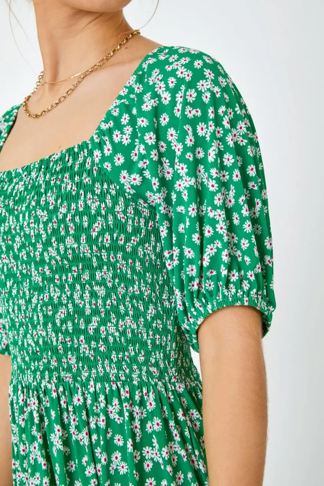 Women Green Ditsy Floral Print Shirred Dress Roman Dresses