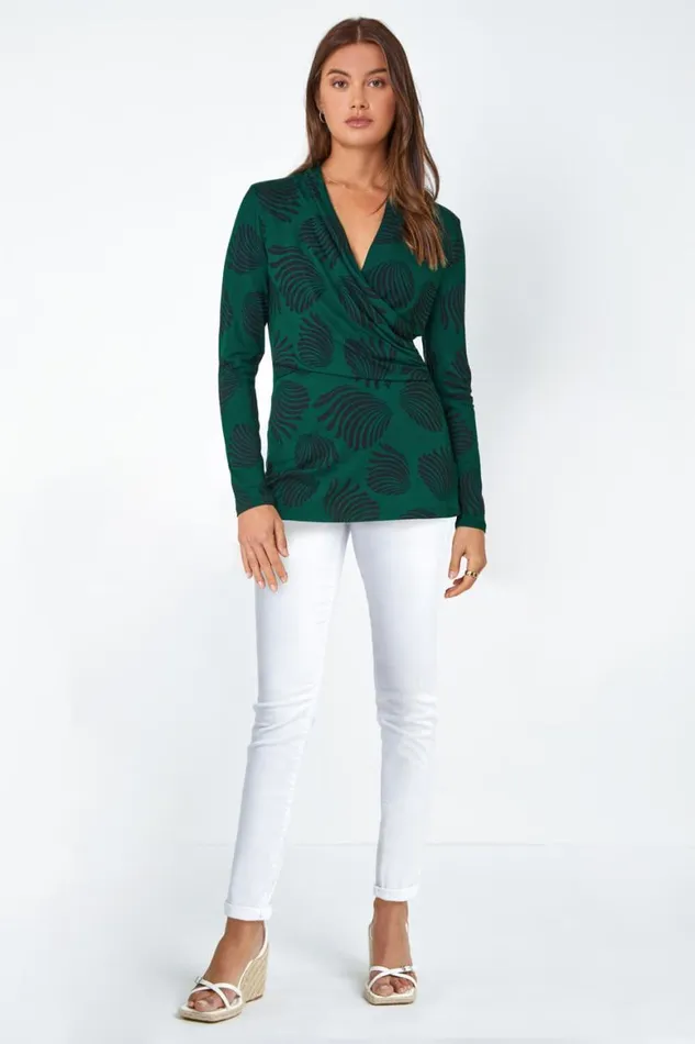 Women Green Draped Front Wrap Stretch Top Roman Tops