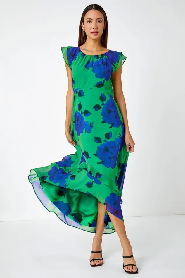 Women Green Floral Frill Detail Chiffon Midi Dress Roman Dresses