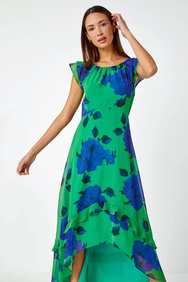 Women Green Floral Frill Detail Chiffon Midi Dress Roman Dresses