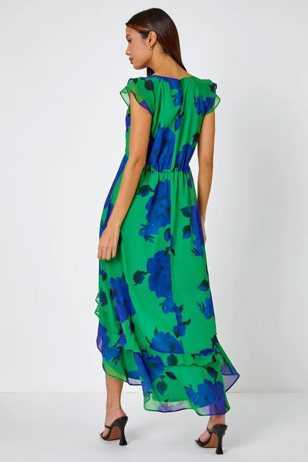 Women Green Floral Frill Detail Chiffon Midi Dress Roman Dresses