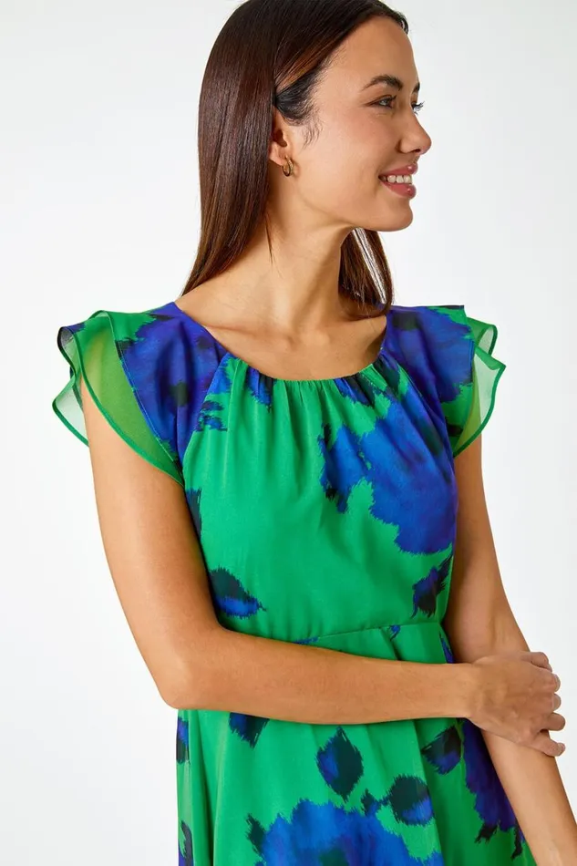 Women Green Floral Frill Detail Chiffon Midi Dress Roman Dresses