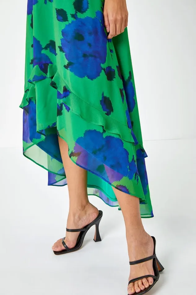 Women Green Floral Frill Detail Chiffon Midi Dress Roman Dresses