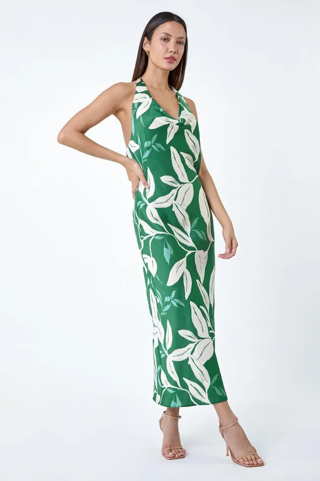 Women Green Floral Print Satin Bias Cut Dress Roman Dresses