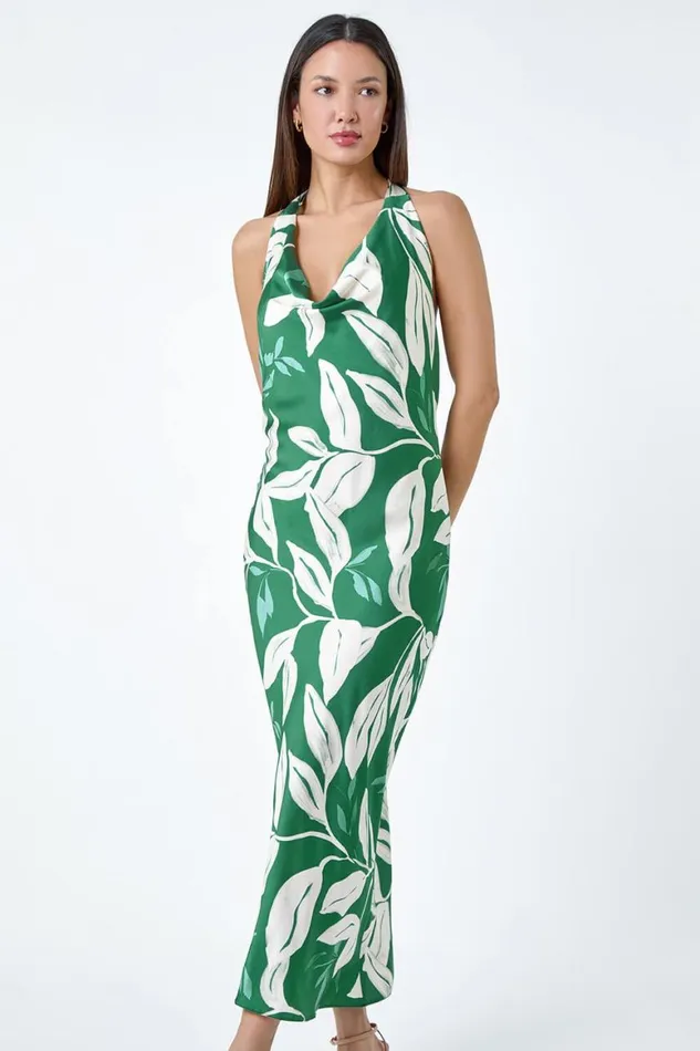 Women Green Floral Print Satin Bias Cut Dress Roman Dresses