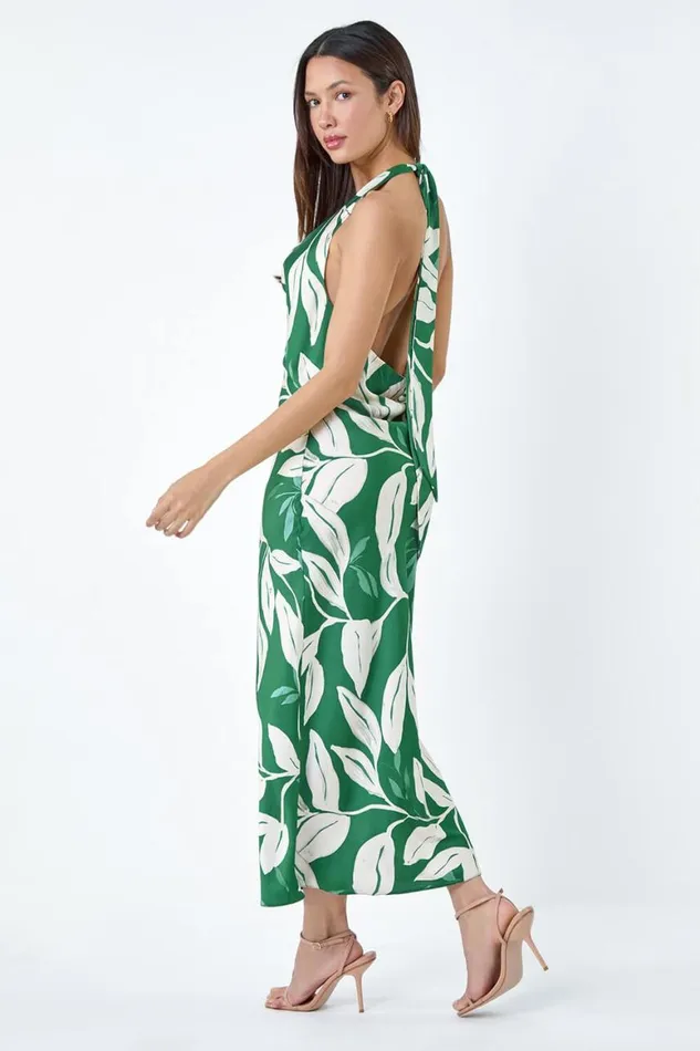 Women Green Floral Print Satin Bias Cut Dress Roman Dresses
