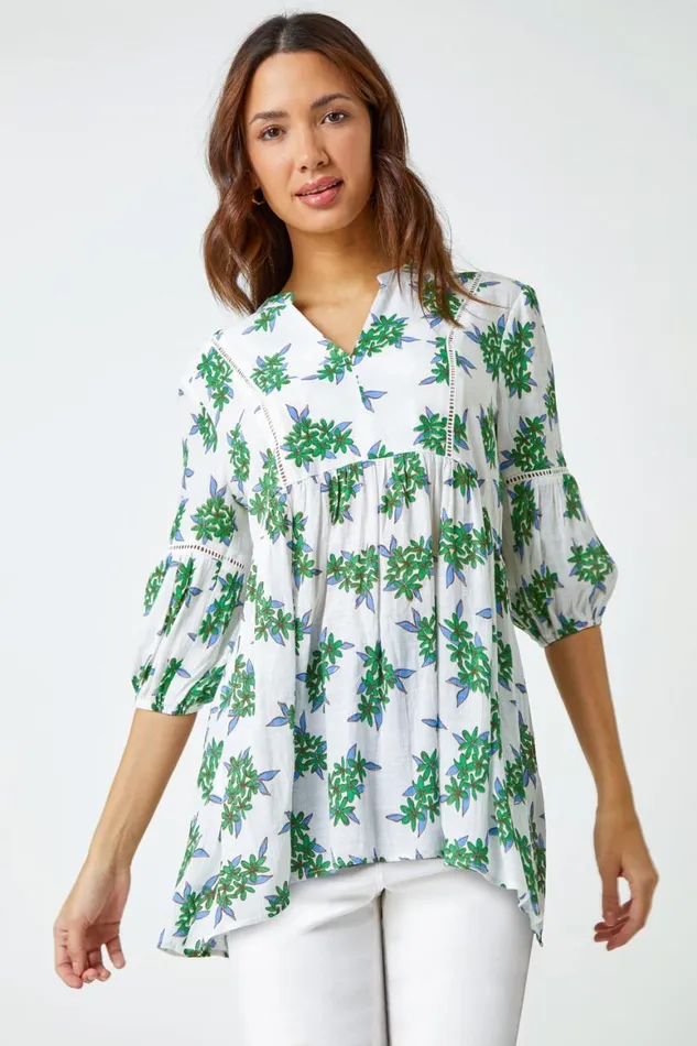 Women Green Floral Print VNeck Tunic Smock Top Roman Tops