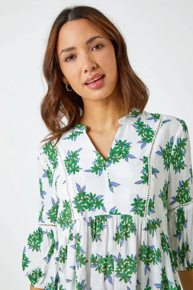 Women Green Floral Print VNeck Tunic Smock Top Roman Tops