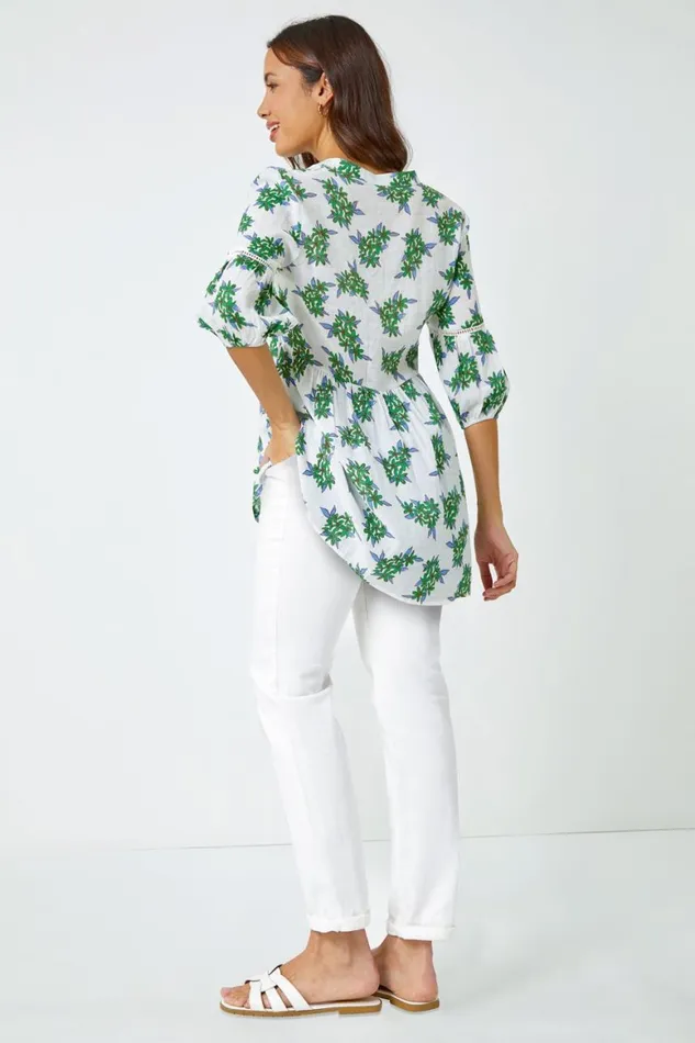 Women Green Floral Print VNeck Tunic Smock Top Roman Tops