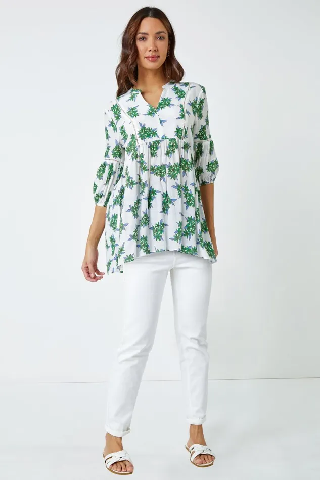 Women Green Floral Print VNeck Tunic Smock Top Roman Tops