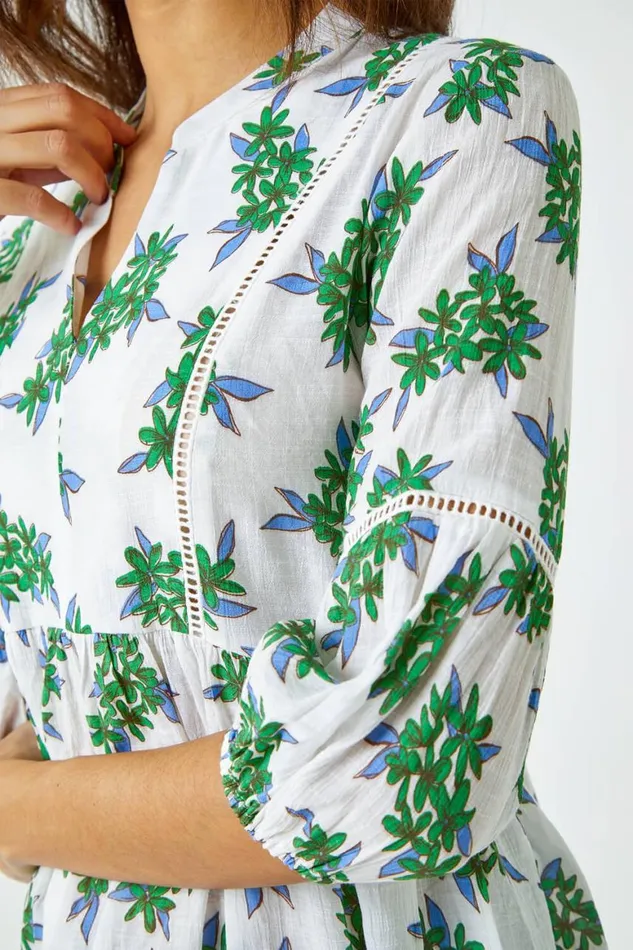 Women Green Floral Print VNeck Tunic Smock Top Roman Tops