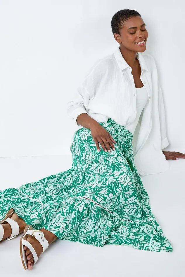 Women Green Floral Tassel Tie A Line Tiered Midi Skirt Roman Skirts