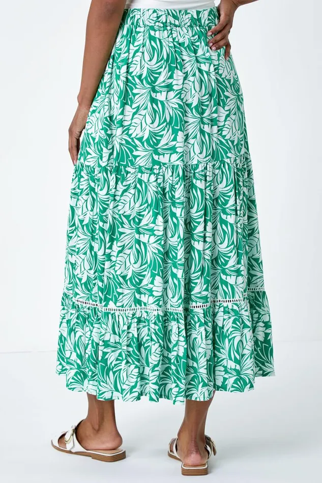 Women Green Floral Tassel Tie A Line Tiered Midi Skirt Roman Skirts