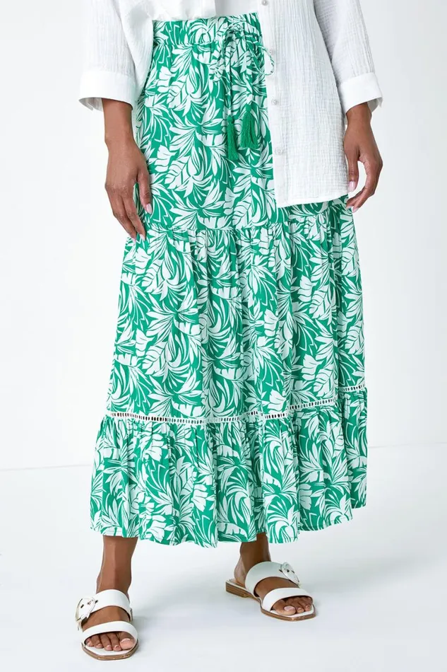 Women Green Floral Tassel Tie A Line Tiered Midi Skirt Roman Skirts