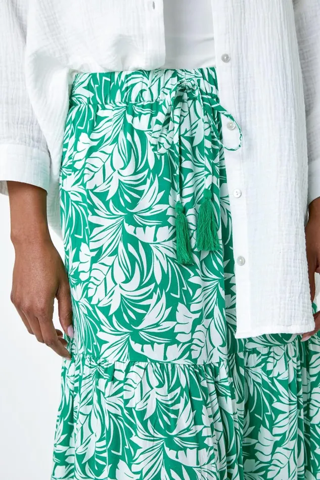 Women Green Floral Tassel Tie A Line Tiered Midi Skirt Roman Skirts
