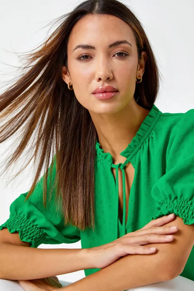 Women Green Frill Neck Plain Tie Detail Top Roman Tops