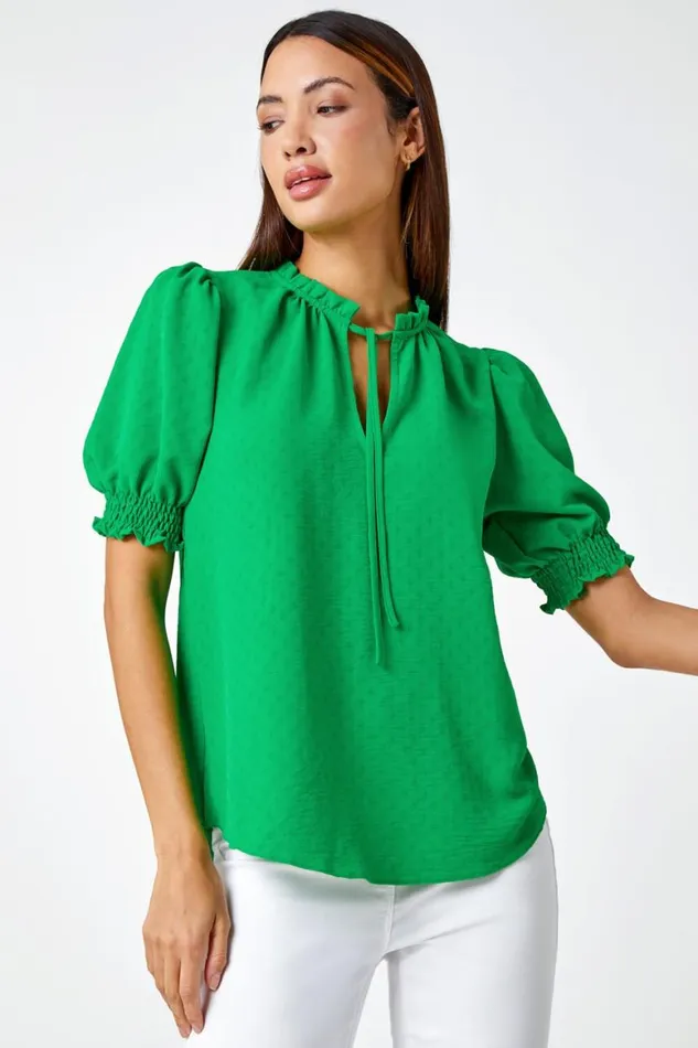 Women Green Frill Neck Plain Tie Detail Top Roman Tops