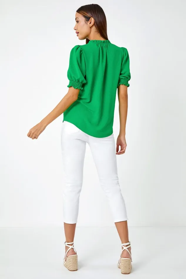 Women Green Frill Neck Plain Tie Detail Top Roman Tops